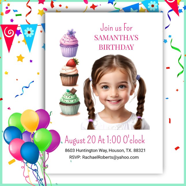 Photo Cupcake Pink Girl Birthday Invitation (Creator Uploaded)