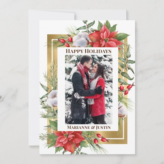 Photo Custom Christmas Gold Frame Floral  Holiday Card (Front)