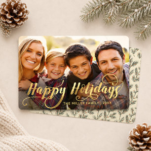 Photo Custom Family Merry Christmas Gold Script Foil Holiday Card