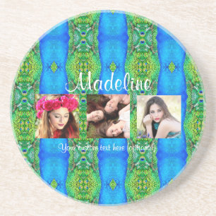 Photo custom text template peacock theme colourful coaster