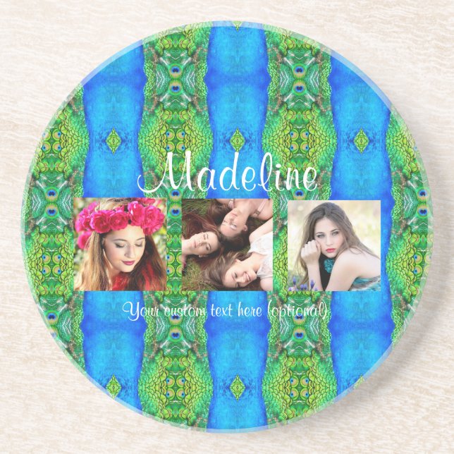Photo custom text template peacock theme colourful coaster (Front)
