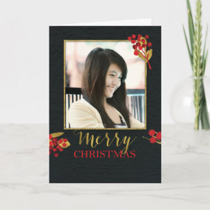 Photo Customisable Christmas Card, Black with Gold Holiday Card