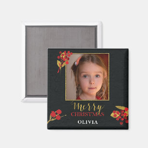 Photo Customizable Christmas Card, Black Gold Red Magnet