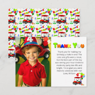 Photo Cute 4th Birthday Red Golf Cart Boy's Thank You Card