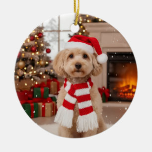Photo Cute Christmas Cavapoo Dog Santa Hat Ceramic Tree Decoration