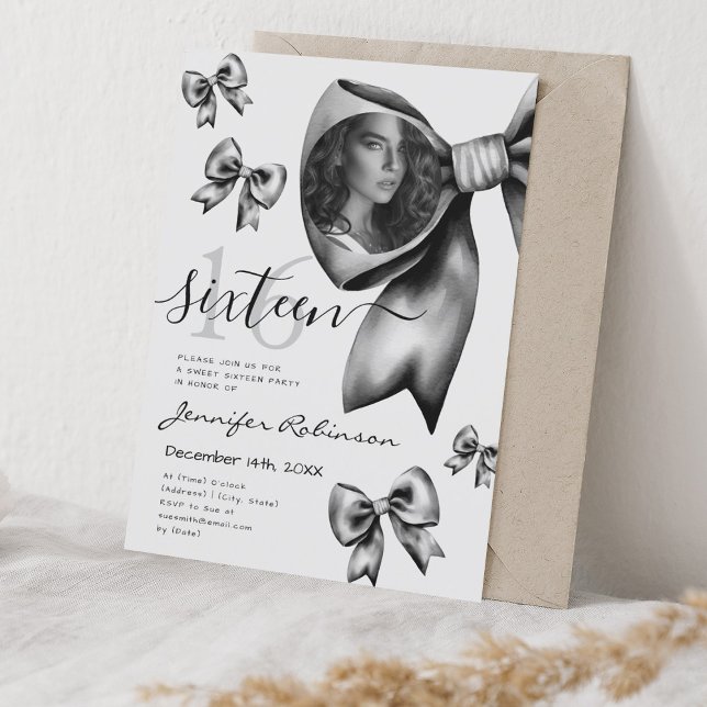 PHOTO Cute Coquette Black Bow Sweet 16  Invitation (PHOTO Cute Coquette Black Bow Sweet 16 Invitation)