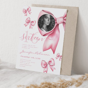 PHOTO Cute Coquette Blush Pink Bow Sweet 16  Invitation