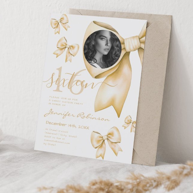 PHOTO Cute Coquette Gold Bow Sweet 16  Invitation (PHOTO Cute Coquette Gold Bow Sweet 16 Invitation)