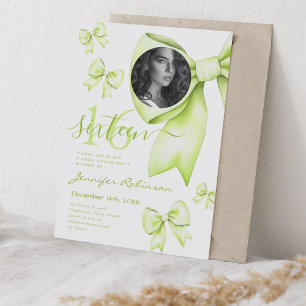 PHOTO Cute Coquette Lime Green Bow Sweet 16  Invitation