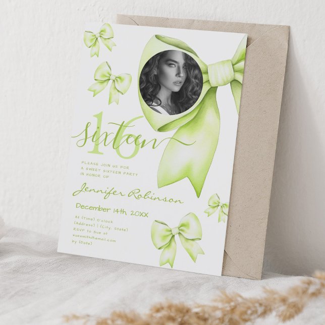 PHOTO Cute Coquette Lime Green Bow Sweet 16  Invitation (PHOTO Cute Coquette Lime Green Bow Sweet 16 Invitation)