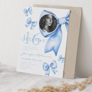 PHOTO Cute Coquette Navy Blue Bow Sweet 16 Invitation