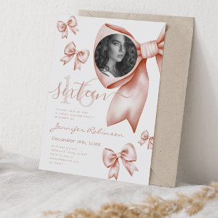 PHOTO Cute Coquette Rose Gold Bow Sweet 16  Invitation