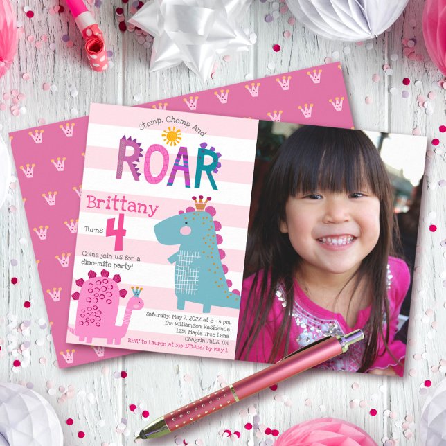 Photo Cute Dinosaur Stomp Chomp Roar Girl Birthday Invitation (Creator Uploaded)