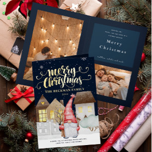 Photo Cute Gnomes Winter Snow Merry Christmas Foil Holiday Card