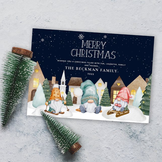 Photo Cute Gnomes Winter Snow Merry Christmas Holiday Card (Photo Cute Gnomes Winter Snow Merry Christmas Holiday Card)