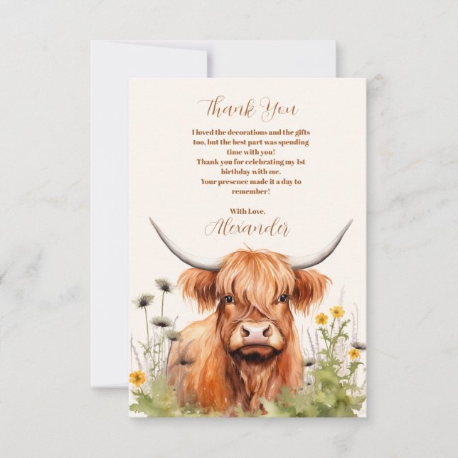 Photo Cute Highland Cow 1st Birthday Thank You Card (Front)
