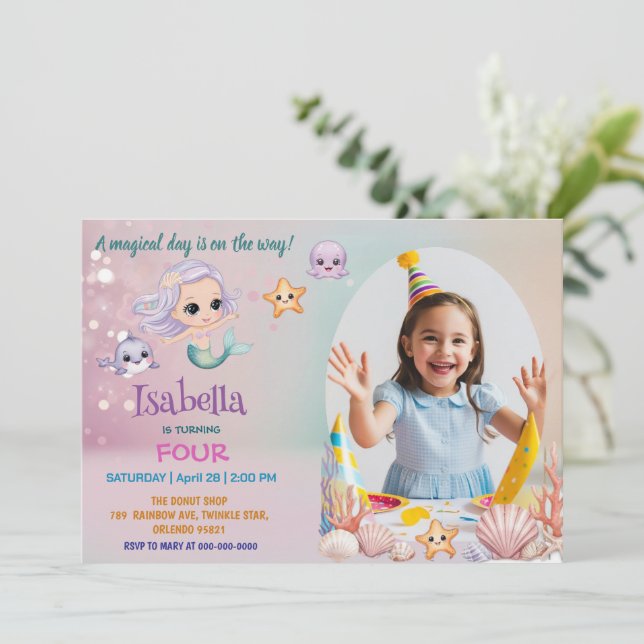 Photo cute mermaid magical birthday invitation (Standing Front)