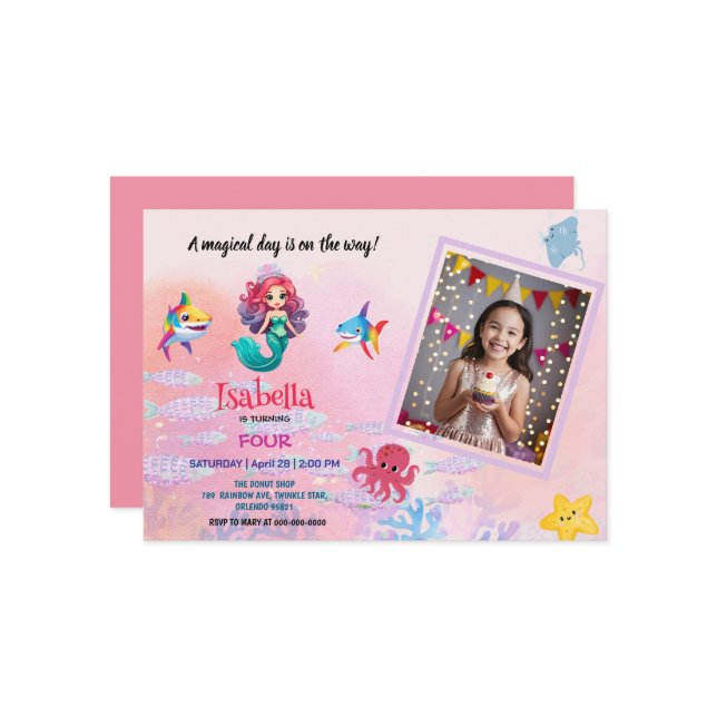 Photo cute mermaid magical birthday invitation (Front/Back In Situ)