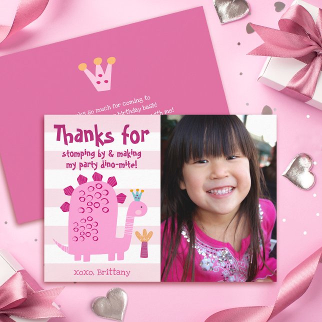 Photo Cute Pink Dinosaur Kawaii Fun Girl Birthday Thank You Card (Creator Uploaded)