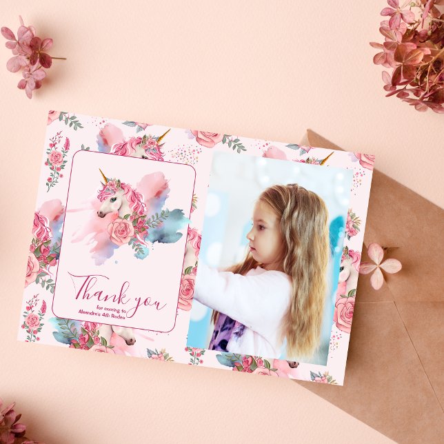 Photo Cute Unicorn Rainbow Birthday Party Thank You Card (Creator Uploaded)