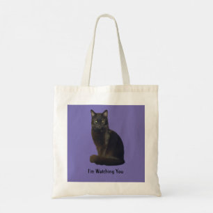 Photo Cutout Black Cat Staring Watching You Purple Tote Bag