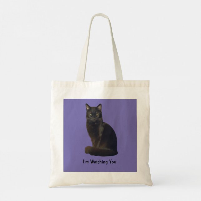 Photo Cutout Black Cat Staring Watching You Purple Tote Bag (Back)