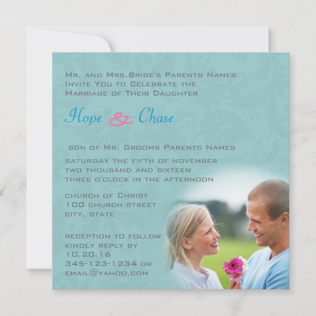 Photo Damask Aqua Blue Pink Wedding Invitation (Front)