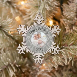 Photo Damask Happy Holidays Year Snowflake Pewter Christmas Ornament
