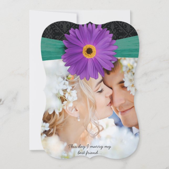 Photo Damask Lilac Emerald Gerber Daisy Wedding Invitation (Front)