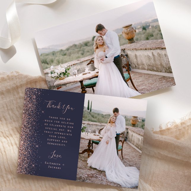 Photo Dark Blue Rose Gold Glitter Script Wedding Thank You Card (Creator Uploaded)