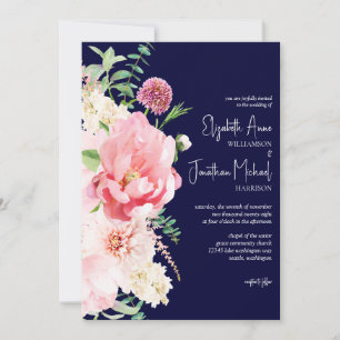Photo Dark Navy Blush Pink Floral Stylish Script Invitation