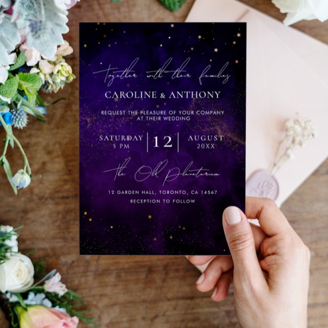 Photo Dark Purple Watercolor Magical Gold Wedding Invitation (Creator Uploaded)