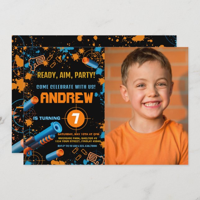 Photo Dart Party Birthday Invitation | Dart Gun (Front/Back)
