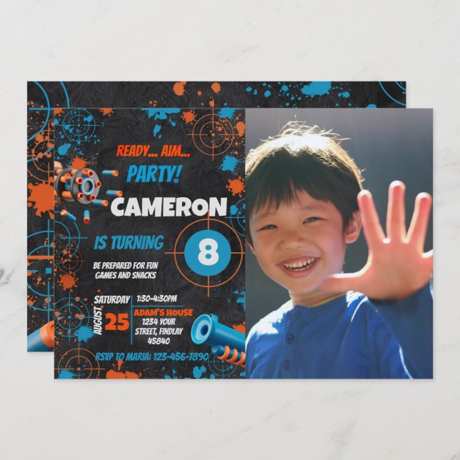 Photo Dart Party Birthday Invitation | Dart Gun (Front/Back)
