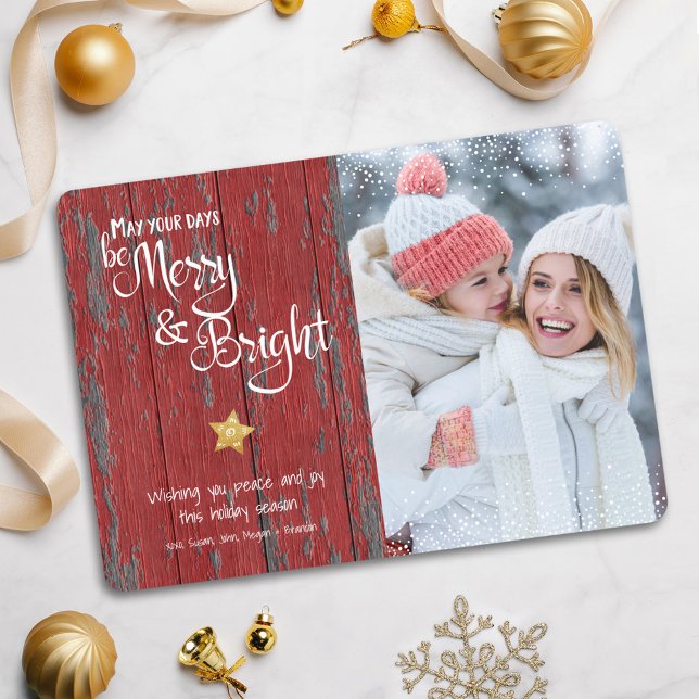Photo Days Be Merry Bright Rustic Red Wood Star Holiday Card (Creator Uploaded)