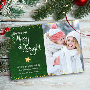 Photo Days Be Merry Bright Script Green Gold Star Holiday Card