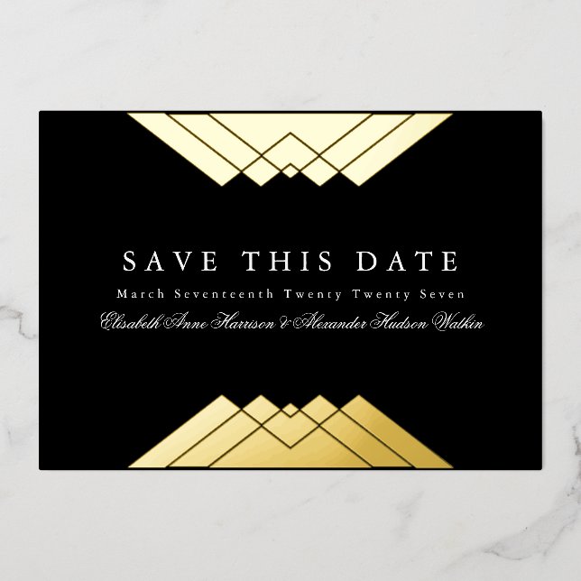Photo Deco Black Geometric Gold Save the Date (Front)
