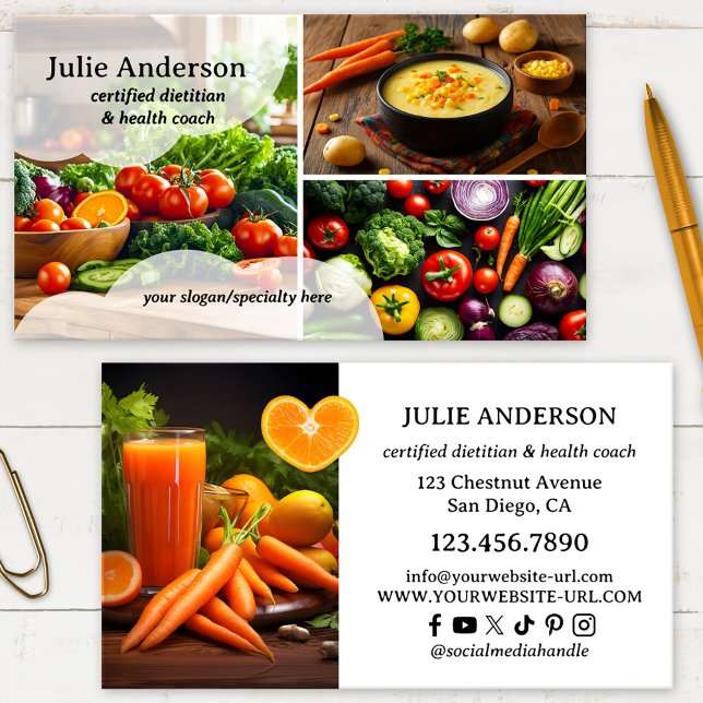 Photo Dietitian Nutritionist Health Coach Business Card (Professional business card for a nutritional therapist or dietitian featuring a custom photo collage)