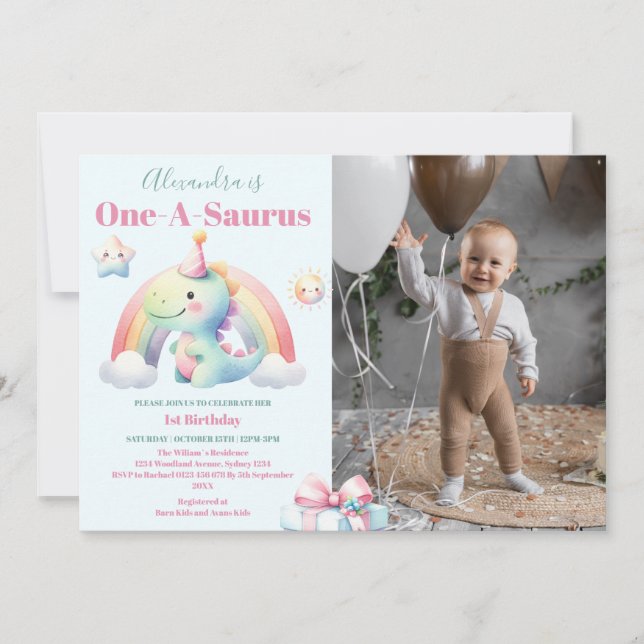 Photo Dinosaur 1st Birthday Colourful Cute Invitation (Front)