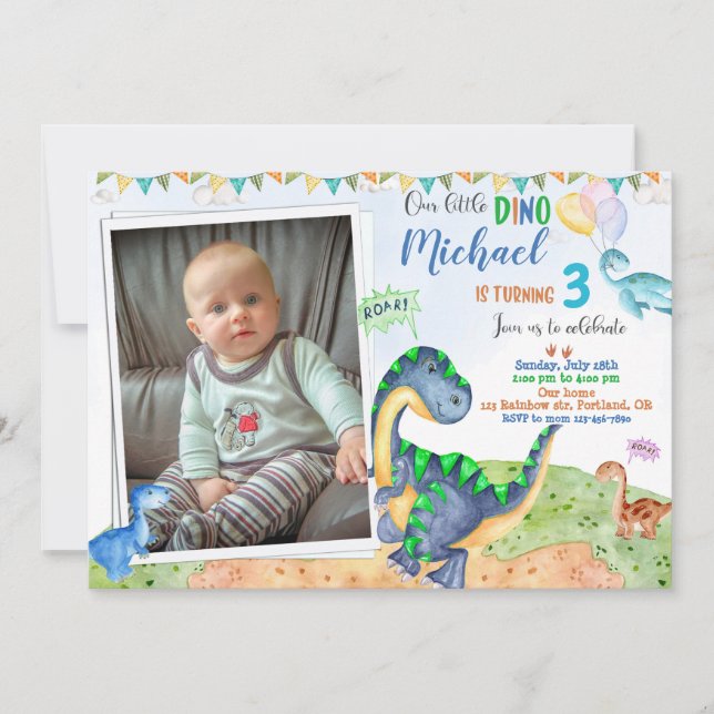 Photo Dinosaur birthday invitation Little dino (Front)