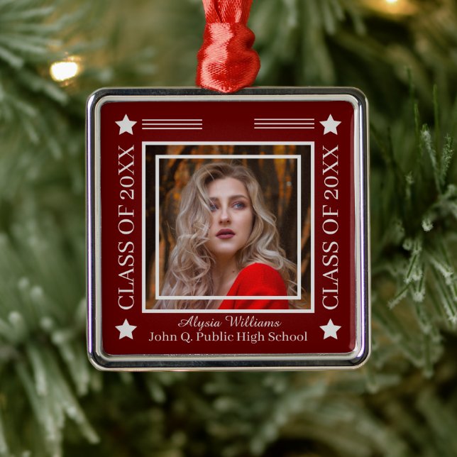 Photo Dk Red | Silver Class Year Graduation Metal Tree Decoration (Tree)