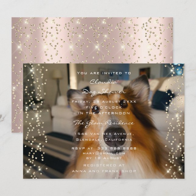 Photo DOG Shower Birthday Rose Gold Confetti Invitation (Front/Back)