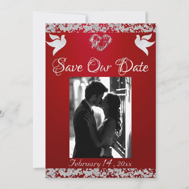 Photo, Doves, Silver Heart & Glitter - Crimson Red Save The Date (Front)