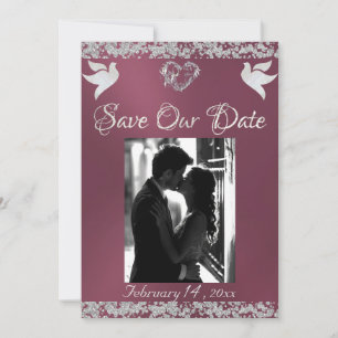 Photo, Doves, Silver Heart & Glitter - Lavender Save The Date