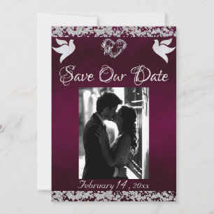 Photo, Doves, Silver Heart & Glitter - Purple Save The Date