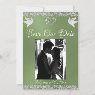 Photo, Doves, Silver Heart & Glitter - Sage Save The Date