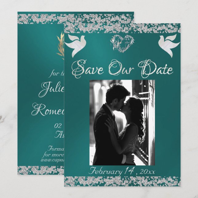 Photo, Doves, Silver Heart & Glitter - Teal Save The Date (Front/Back)