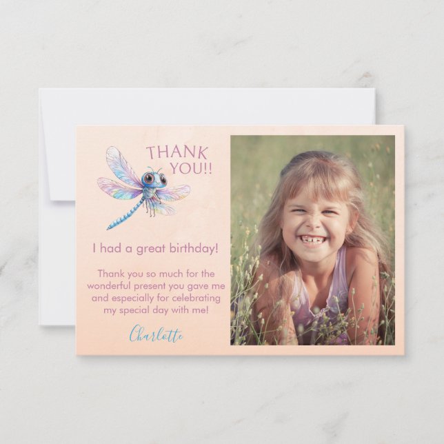 Photo Dragonfly Girl's Birthday Thank You Card (Front)