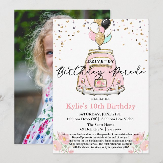 PHOTO - Drive By Birthday Party Invitation (Front/Back)