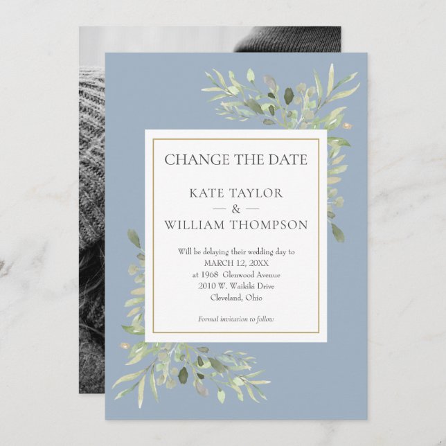 Photo Dusty Blue Change the Date Greenery Leaves Save The Date (Front/Back)